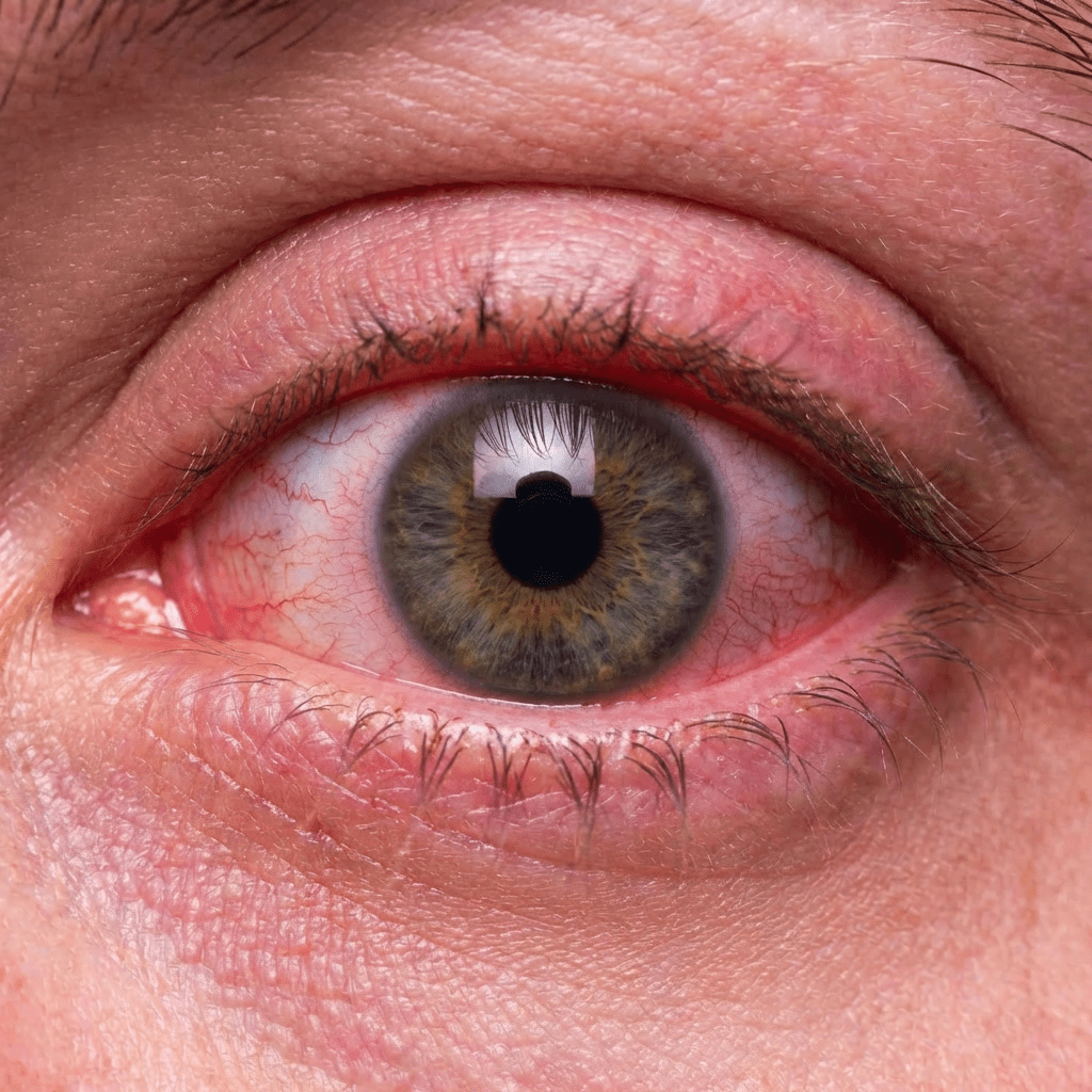 Extreme close-up of a hazel eye with red, bloodshot sclera and inflamed eyelids.