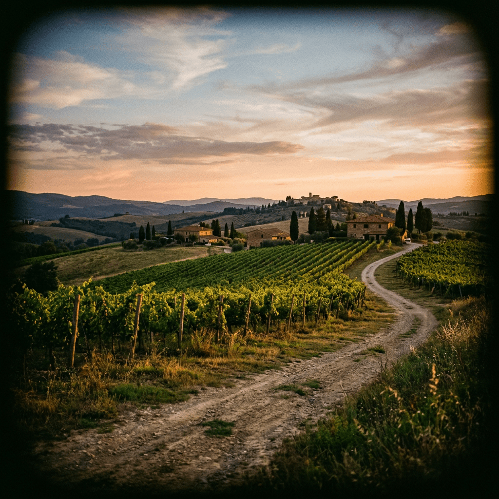 Dirt road through vineyards with rustic houses and hills in the background at sunset