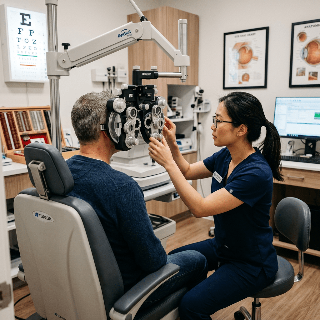 Optometrist adjusting phoropter device during eye examination for seated male patient