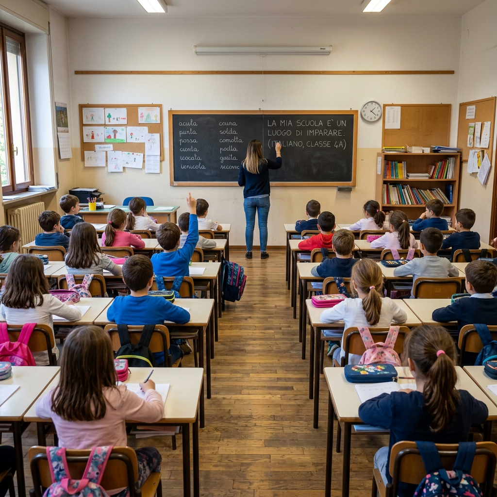 Teacher writing Italian vocabulary on a chalkboard as students raise hands