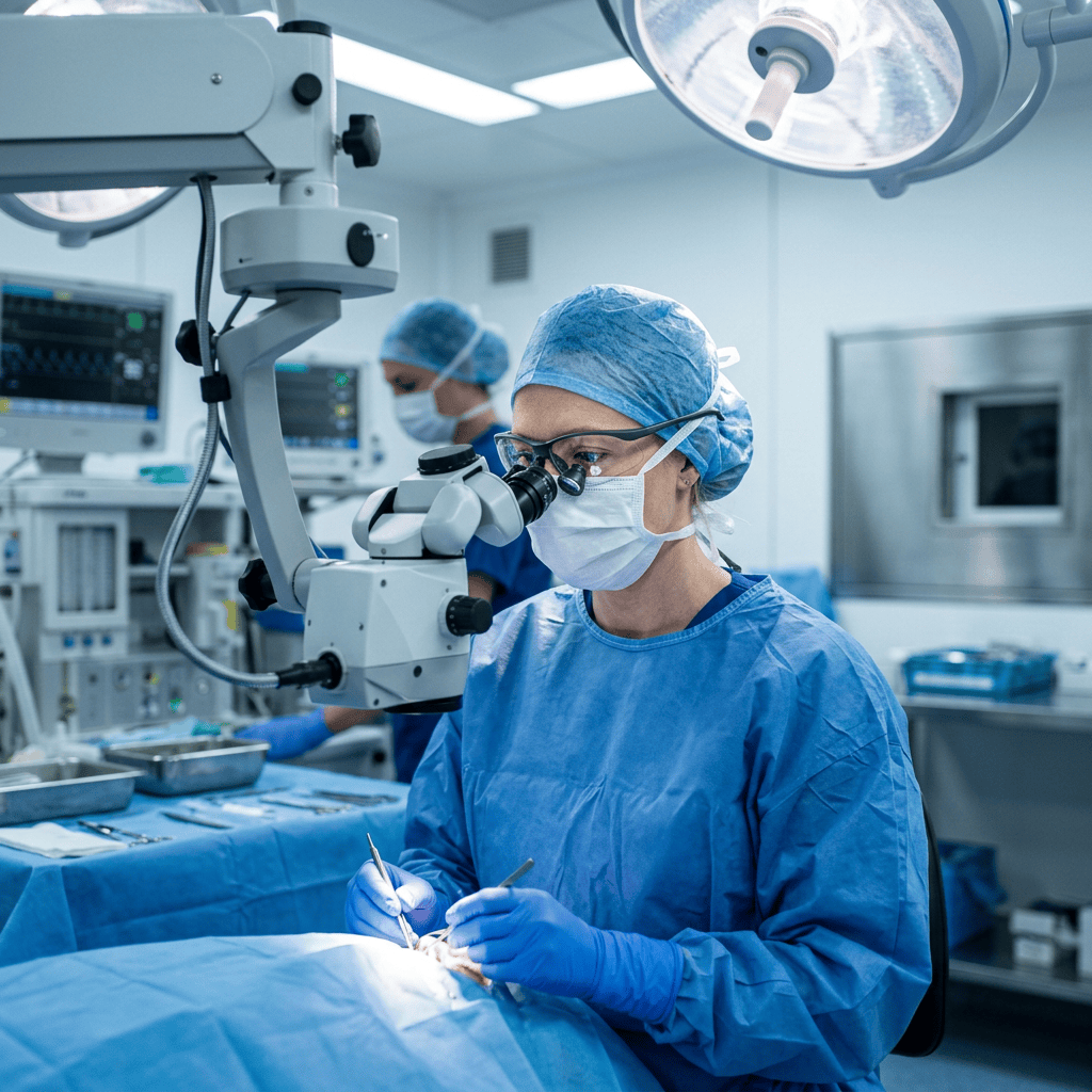 Surgeon performing microsurgery with an operating microscope
